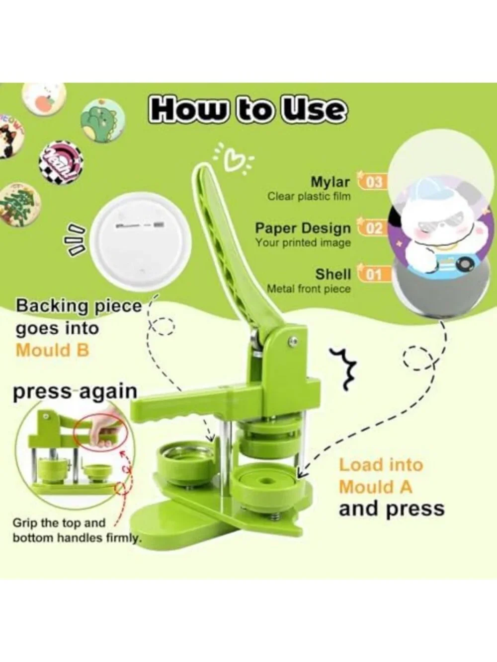 DIY Button Maker Machine 58mm - Easy Install, Badge Press with 100 Supplies